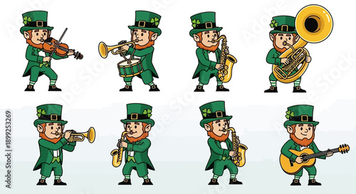 Eight cartoon leprechauns in green suits and top hats playing various musical instruments like violin, trumpet, saxophone, tuba, and guitar.