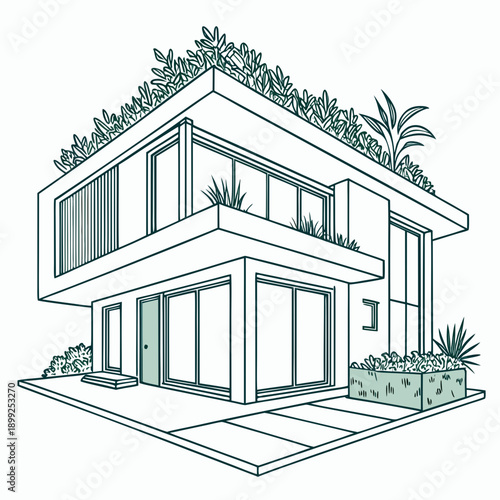 A modern house with a sloping roof and large windows overlooking a garden