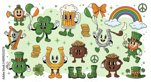 A collection of retro cartoon St. Patrick's Day characters and symbols including leprechauns, shamrocks, pots of gold, beer, rainbows, and horseshoes.