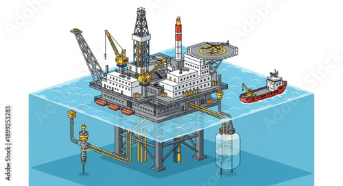 Offshore oil rig platform with supply ship in blue water isometric illustration.