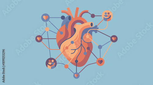 Vibrant heart symbol connected to people icons with lines