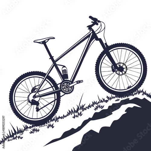 A mountain bike navigating a rocky cliff with precision and skill.