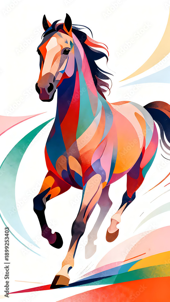 Obraz premium Vibrant abstract horse galloping freely across white void, mane flowing, colorful splashes, dynamic side view illustration