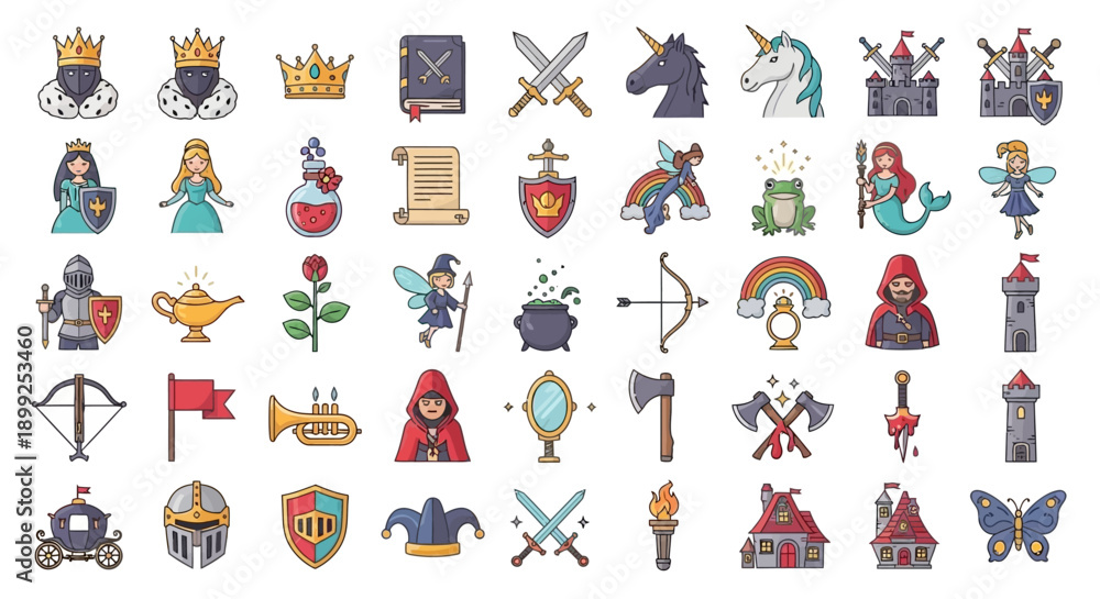 Fototapeta premium A collection of colorful fantasy and fairy tale icons, including royalty, mythical creatures, and magical objects.