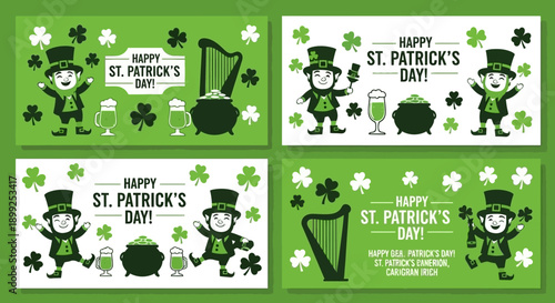 Four green St. Patrick's Day banners featuring cheerful leprechauns, pots of gold, shamrocks, harps, and festive drinks, celebrating Irish culture.