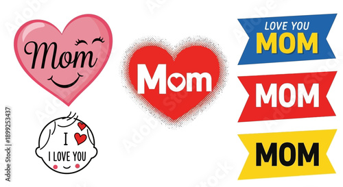 Collection of Mother's Day themed graphics featuring hearts, 'Mom' text, and 'I Love You' messages in various designs and colors.