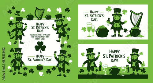 St. Patrick's Day illustrations with leprechauns, shamrocks, pots of gold, and harps on a green background.