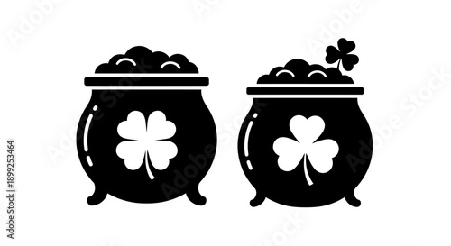 Two black silhouette pots of gold overflowing with coins and decorated with shamrocks, symbolizing luck and St. Patrick's Day.