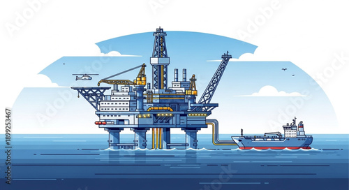 Offshore oil rig platform with tanker ship at sea.