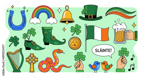 A vibrant collection of St. Patrick's Day symbols and icons including shamrocks, a leprechaun hat, an Irish flag, a rainbow, and a horseshoe on a green background.