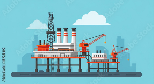 Offshore oil rig platform with workers and cranes.