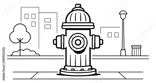 Line art illustration of a fire hydrant depicting an urban street scene for city infrastructure