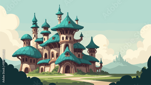 Whimsical fantasy castle with teal roofs, set in a serene, magical landscape. Fairytale architecture illustration.