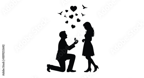 A romantic proposal with hearts and birds a dark silhouette