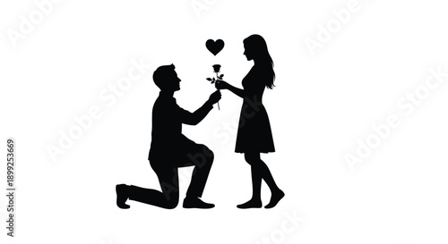 A romantic proposal scene with a couple depicted in silhouette