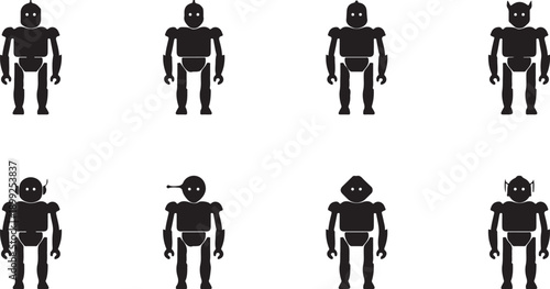 Set of eight black silhouette robot icons with different head designs on a white background Keywords: robot, silhouette, icon, black, technology, futuristic, android, mechanical, artificial
