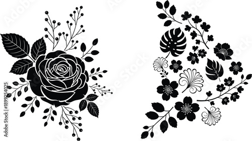 Black floral vector illustration with rose bouquet and decorative botanical elements, elegant flower ornament isolated on white background design