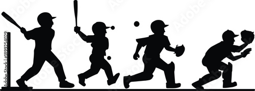 Silhouette of a Baseball Game with Batter, Runner, and Catcher on a White Background vector illustration