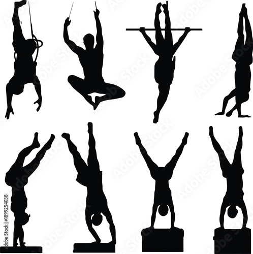 Silhouette collection of acrobatic gymnasts performing various poses on white background gymnastics