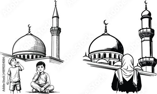 Sketch of islamic architecture featuring minarets domes and figures in traditional dress