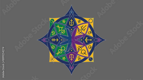 Colorful Esoteric Star Emblem with Astrological & Alchemical Symbols