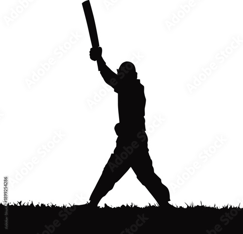 Silhouette of a cricket batsman swinging a bat on a grassy field against a white background sport