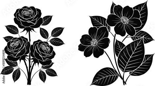 Rose floral silhouette illustration with blooming flowers and leaves, black botanical design for wedding decor, romance themes, crafts, prints, and patterns