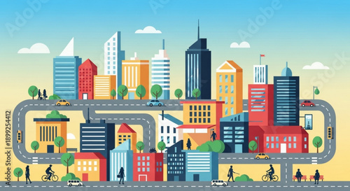 Cityscape Illustration: A vibrant illustration showcases a bustling cityscape, filled with diverse buildings, winding roads, and a clear blue sky.
