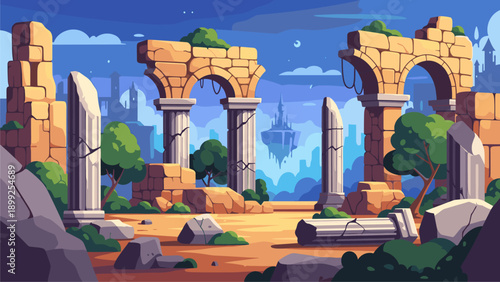 Ancient Stone Ruins Landscape with Distant Fantasy Floating City at Twilight, Digital Art