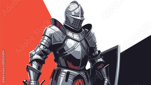 Strong Medieval Knight in Full Plate Armor Holding Shield Illustration
