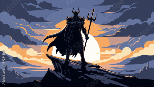 Epic Silhouette of Dark Fantasy Lord with Trident on Mountain Peak at Sunset