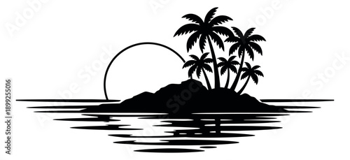 Silhouette illustration of a tropical island with palm trees depicting a sunset over the ocean for travel and tourism