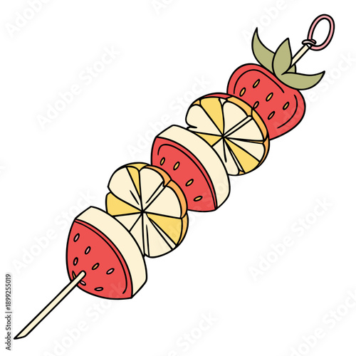 A colorful and appetizing fruit skewer with strawberries and pineapple slices.