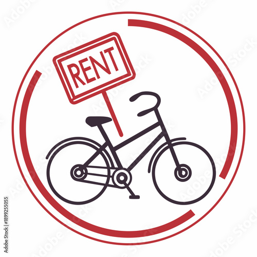 A red circle with a diagonal line through it over a black and white bicycle with the word rent