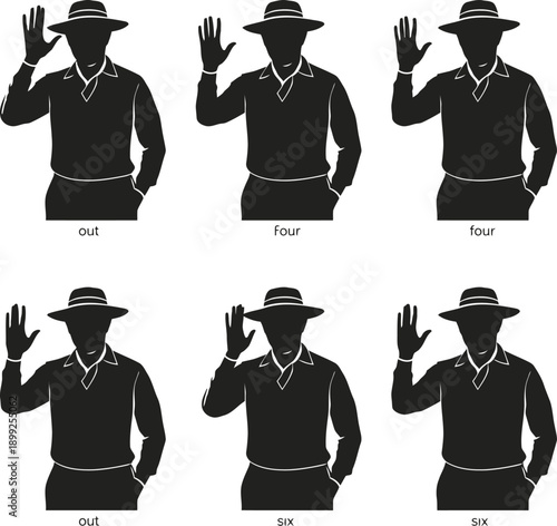 Silhouette of a man in a hat and shirt displaying hand signals for 'out' and 'four' and 'six' Keywords: umpire, cricket, baseball, umpire signals, hand gestures, out, four, six, sports, game