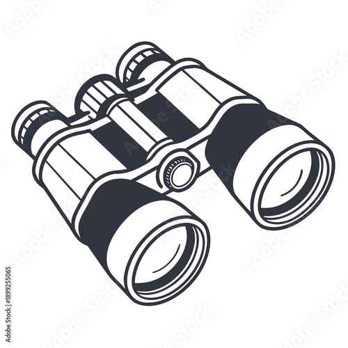 A pair of binoculars with a black and silver body, sitting on a white background.