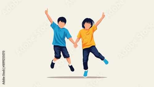 Two happy young children, a boy and a girl, jumping in the air while holding hands and showing peace signs against a plain background.