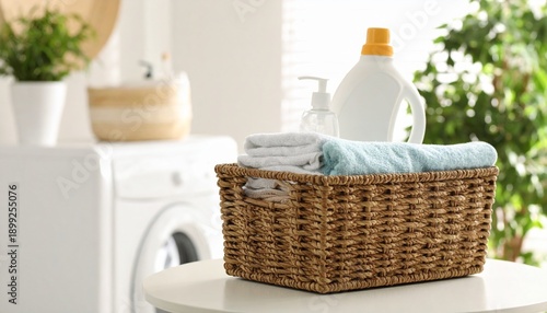 Laundry basket with towels and detergent on countertop in a bright laundry room with washing machine and plants