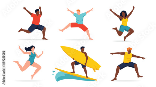 Set of diverse people enjoying summer beach activities including running, jumping, surfing, and posing in swimwear.