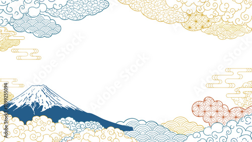 Elegant Japanese style landscape featuring a snow-capped Mount Fuji surrounded by traditional gold and blue clouds with wave patterns.