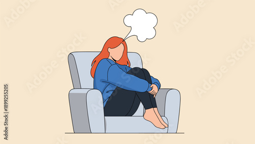 Young woman sitting in a grey armchair hugging her knees with an empty thought bubble above her head on a beige background.