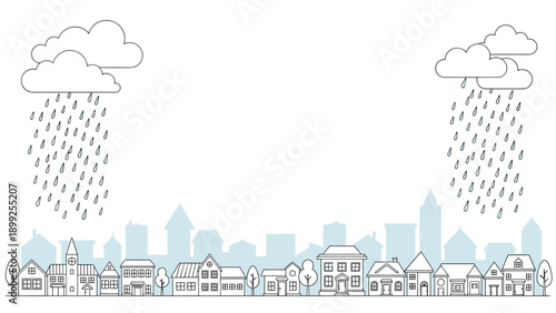 Stylized line art of a city skyline with raining clouds on the sides and a white copy space in the middle of the frame.