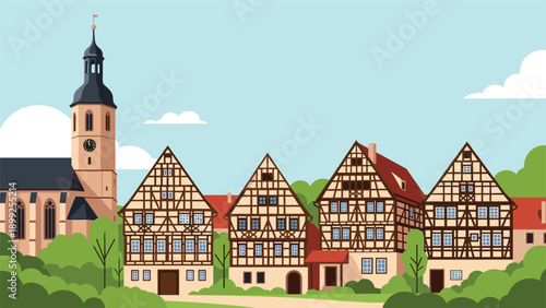 Charming european village scene with traditional timber framed houses and a tall church clock tower under a clear blue sky.
