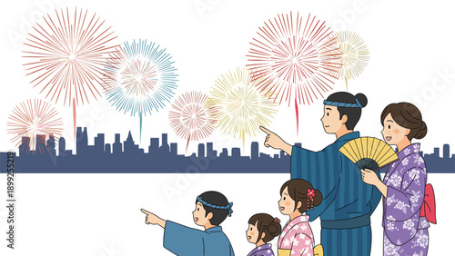 Happy family in traditional japanese yukata pointing at colorful fireworks exploding in the night sky over a city skyline.