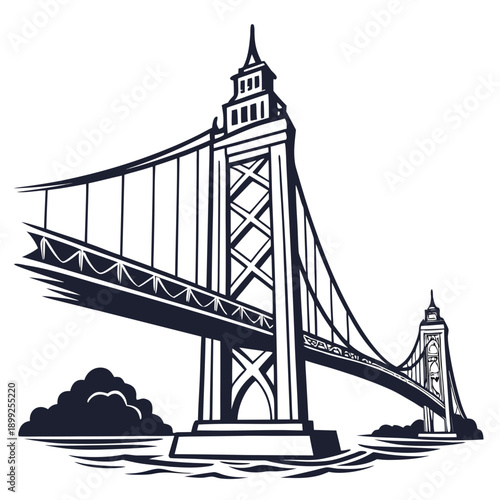 A detailed illustration of the golden gate bridge in black and white