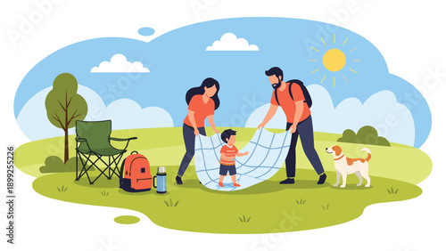 Young family with a small child and a dog setting up a picnic blanket on a green grassy field under a bright summer sun.