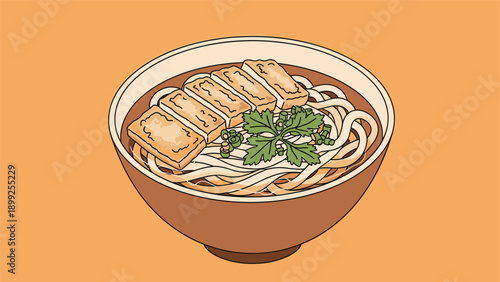 Hot bowl of japanese kitsune udon noodles served with five slices of fried tofu and fresh cilantro on an orange background.
