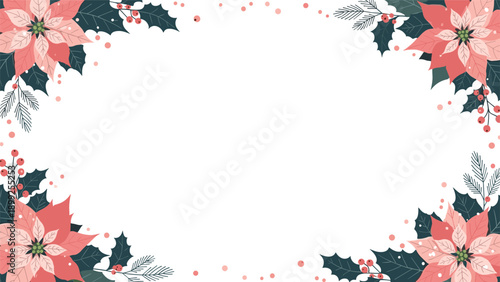 Christmas border design with pink poinsettia flowers and green holly leaves arranged in corners on a clean white background.