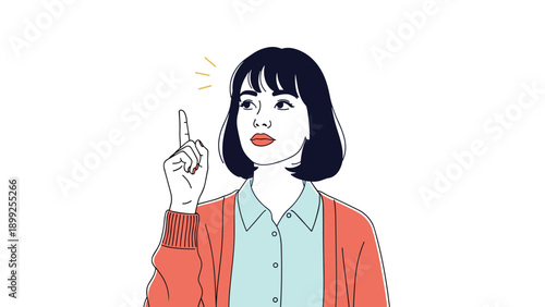 Smart young woman wearing a red cardigan and blue shirt pointing her finger upwards while having a great new creative idea.