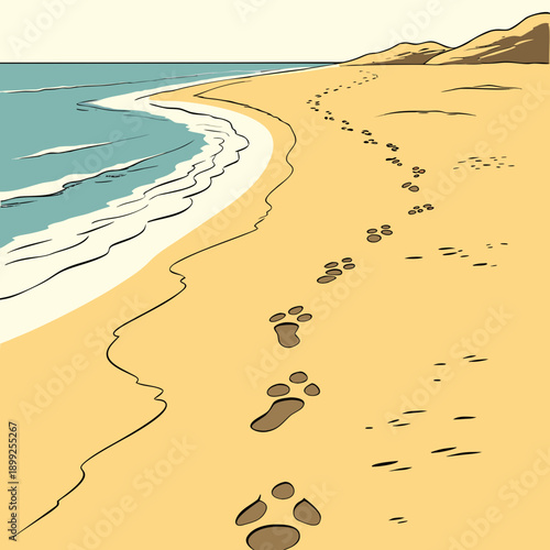 A serene beach scene with footprints leading towards the calm ocean waters.